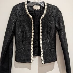 Zara Trafaluc Black Faux Leather Pattern Jacket Cream Embellished Trim Size XS